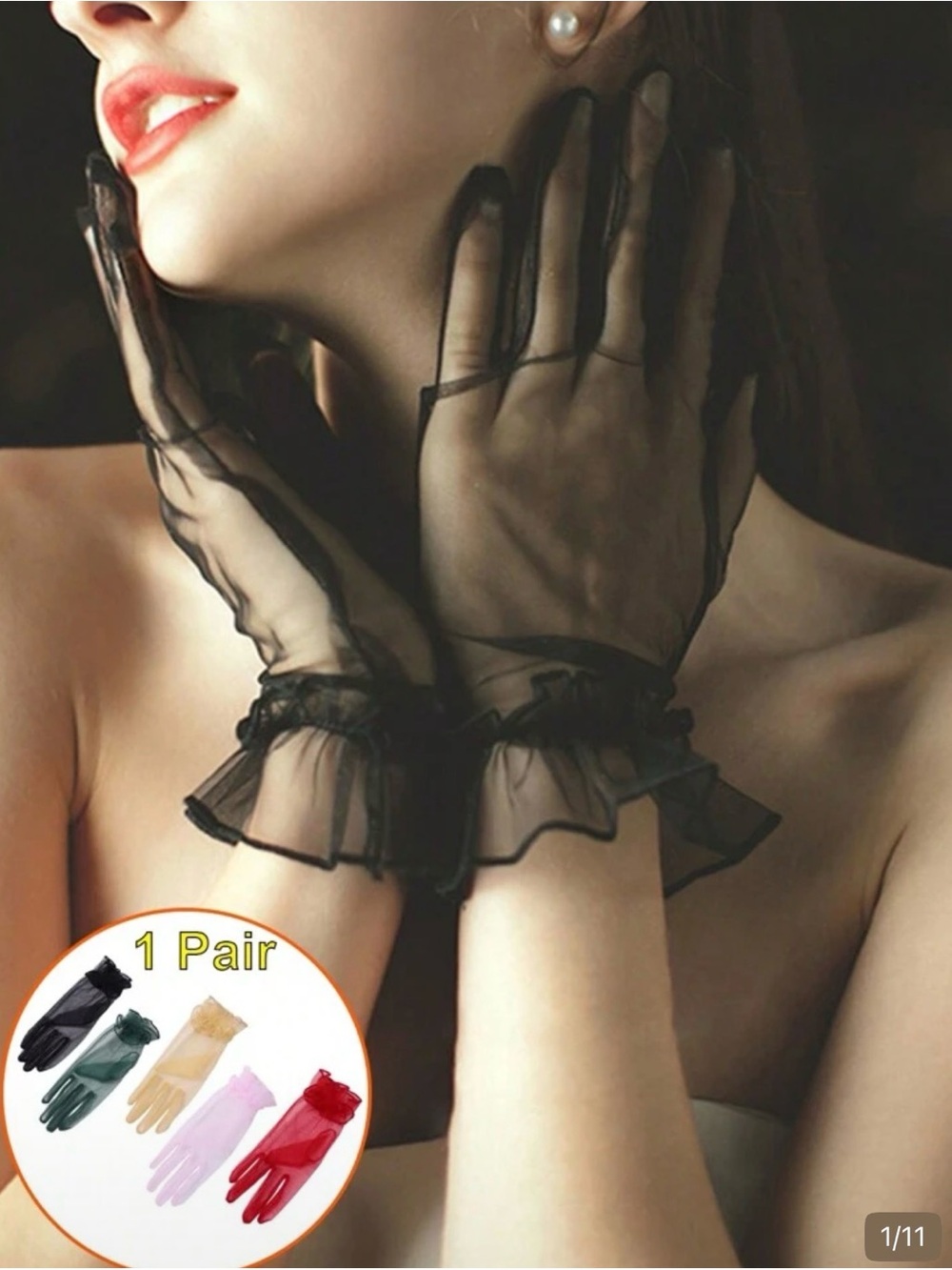 Sheer Ruffle Wrist Gloves for Women - Black
